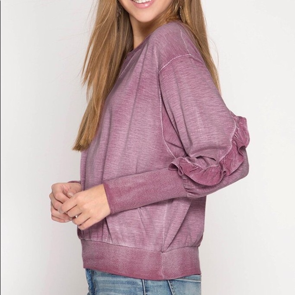 Long sleeve mineral washed top with ruffle sleeves